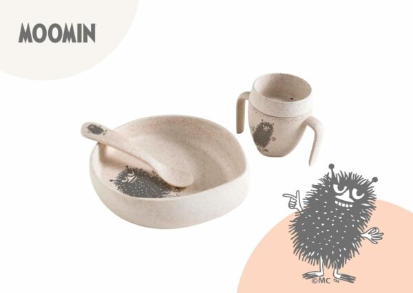 A set of Snorkmaiden Skandinos bowls and spoons featuring the theme "Moomin" on them.