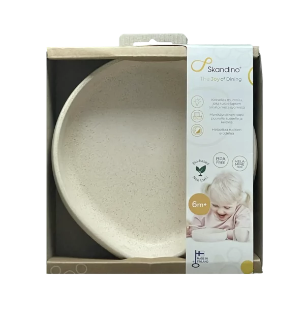A baby's suction plate with Gift Packaging, highlighting its bpa-free and microwavable features as well as suitability for ages 6 months and up.
